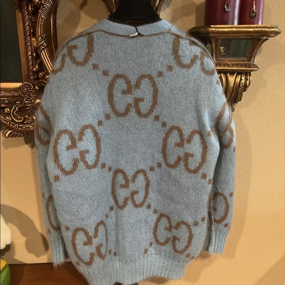 GUCCI Blue Brown Reversible GG Logo Mohair Wool Cardigan - M with tags. Designer - Picture 2 of 4